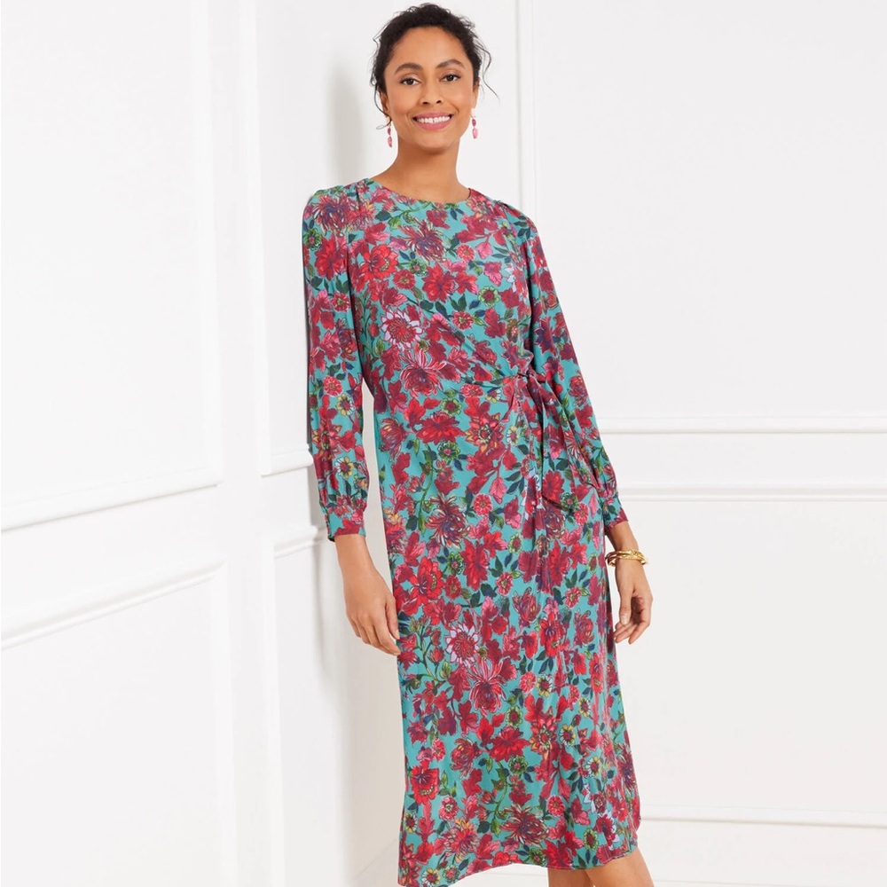 Talbots Vibrant Floral Long Sleeve Dress - Red and Turquoise